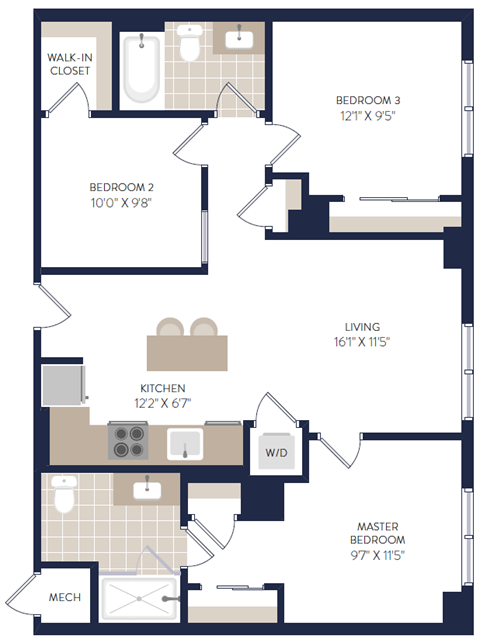Floor plan for 3 beds, 2 baths, 962 sqft
